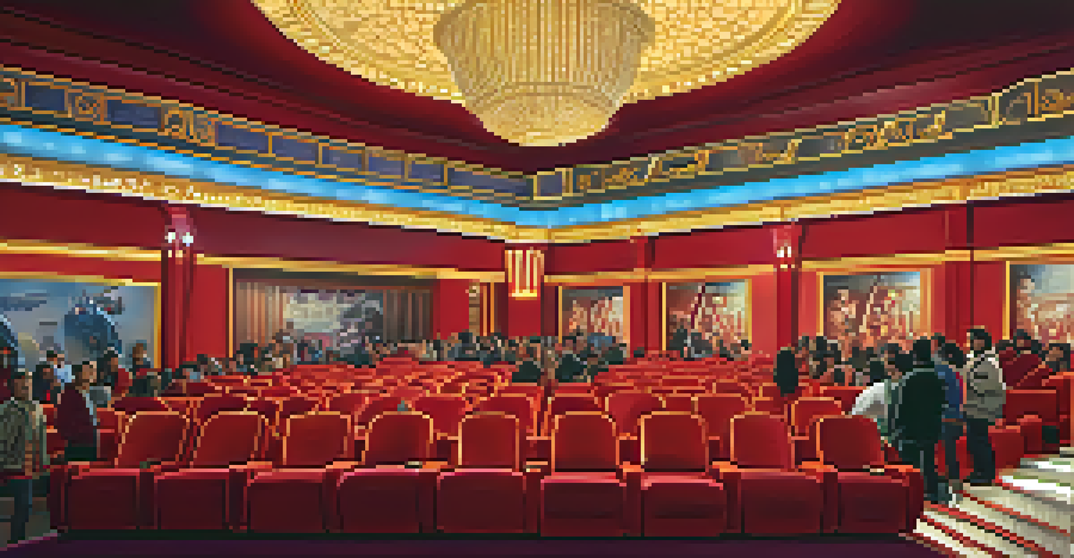A contemporary cinema hall featuring a diverse audience watching a blockbuster film on a large screen.