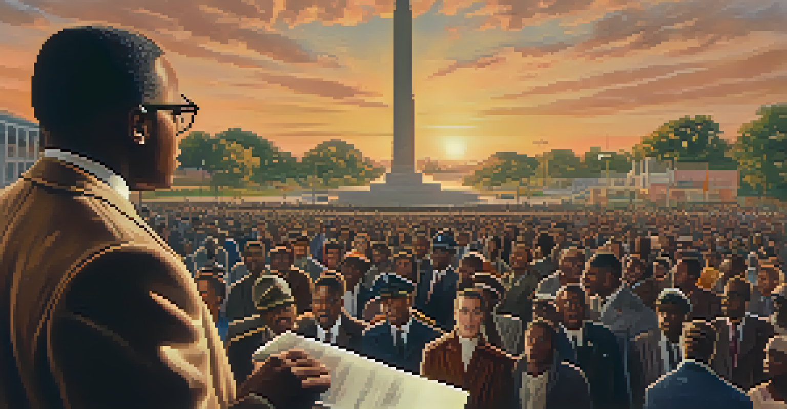 A historical civil rights leader speaking to an engaged crowd in front of a landmark, during a sunset, conveying inspiration.