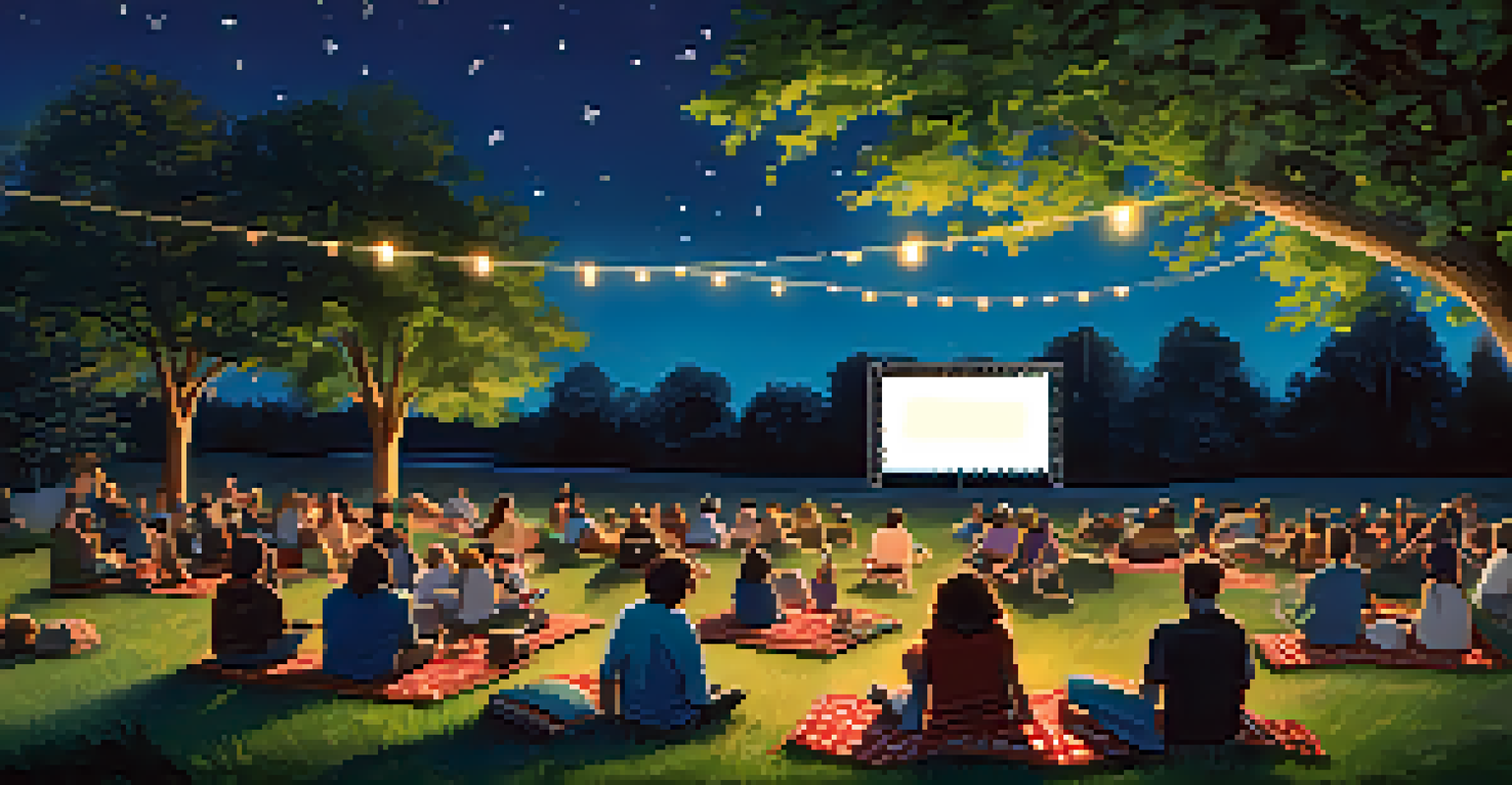 A community outdoor documentary screening in a park, with people enjoying the film under string lights and a starry night sky.