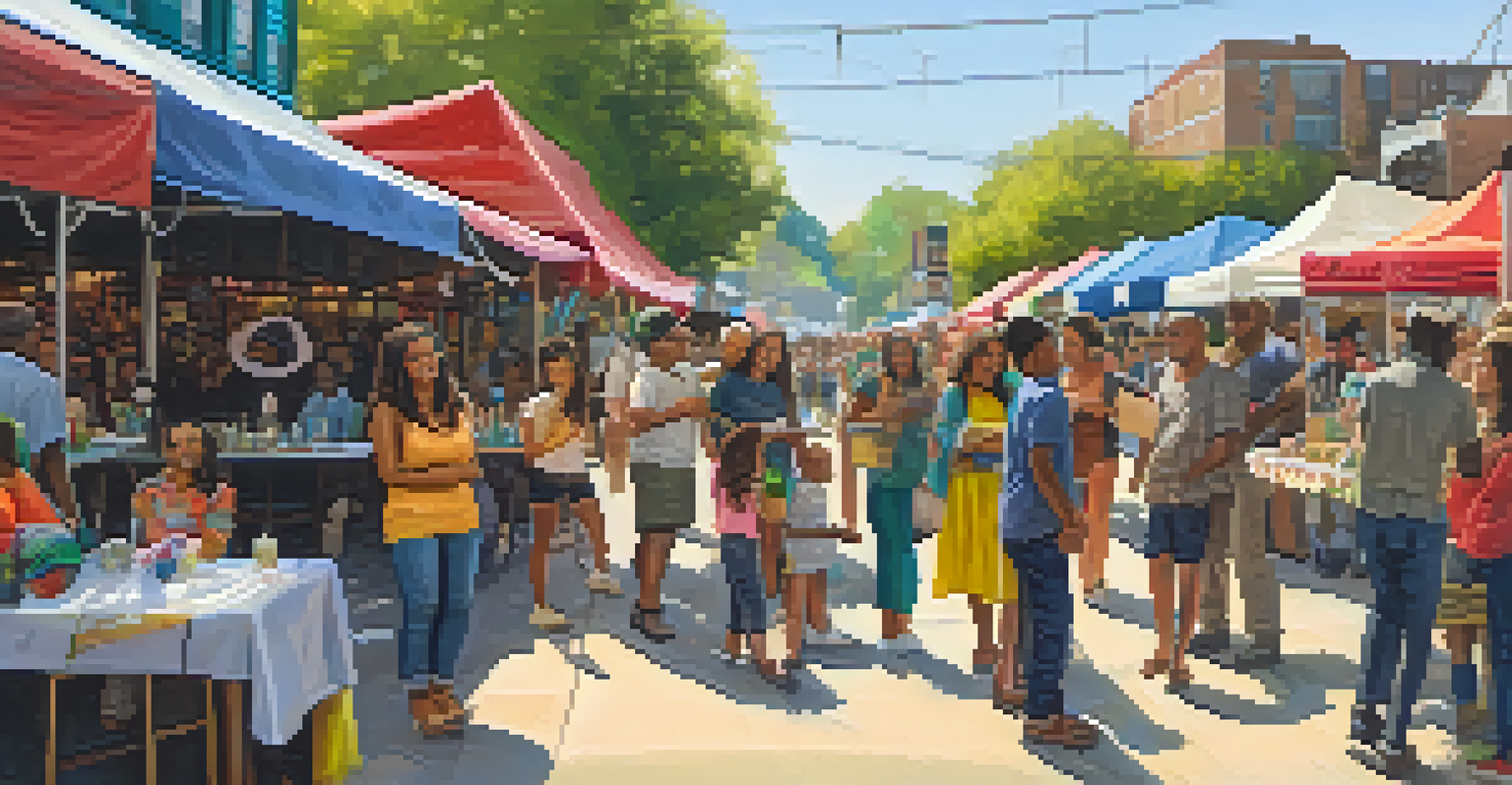 A lively street scene during a community event, with people engaging in discussions and activities inspired by a documentary.