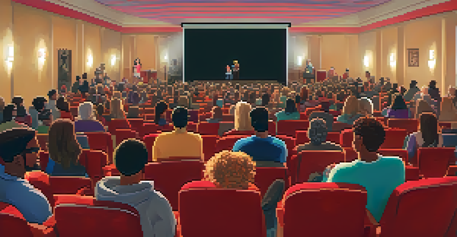 An intimate film screening room at a festival with a diverse audience engaged in watching a film on a large screen, surrounded by plush seating and ambient lighting.
