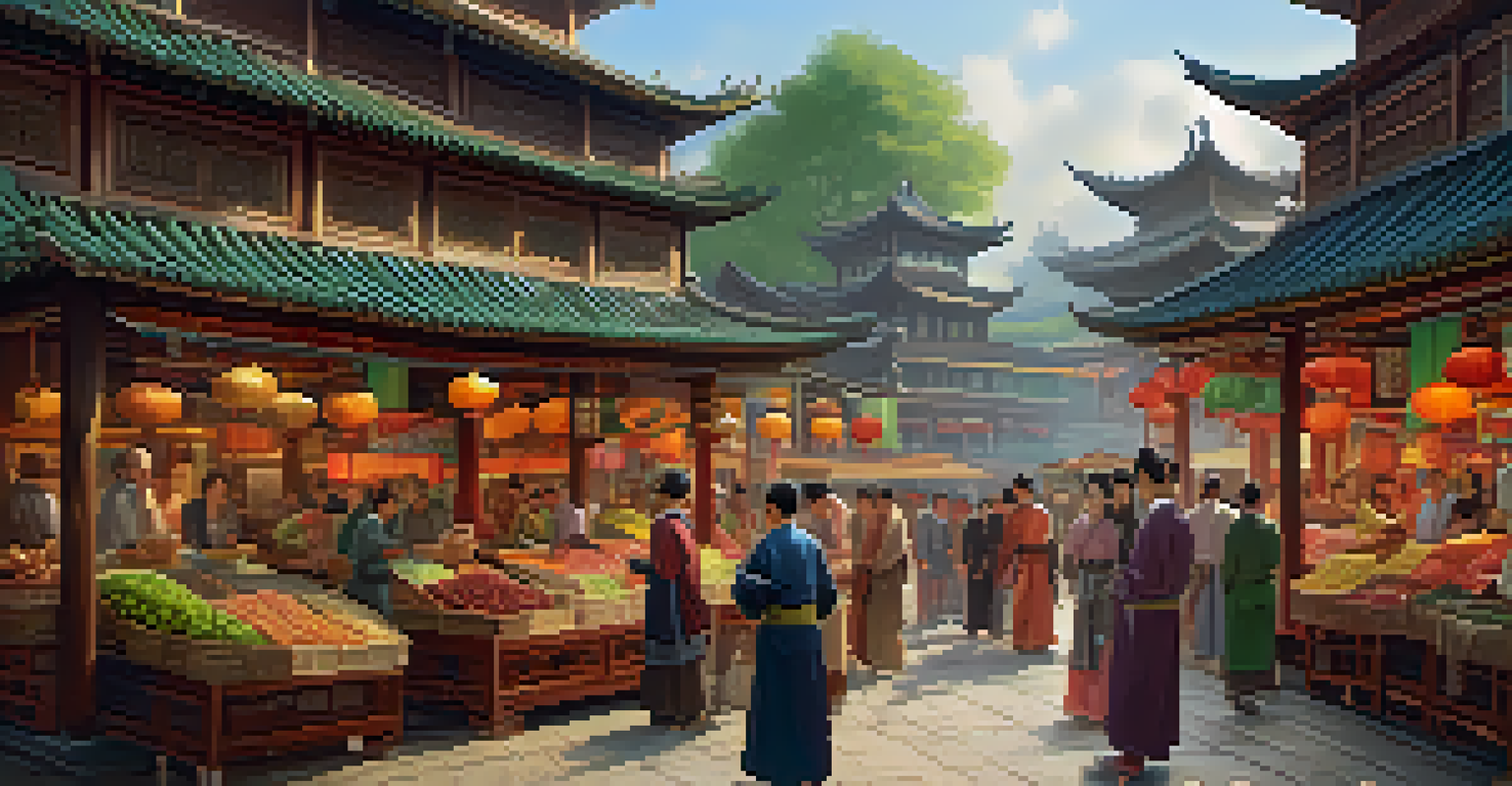 A bustling ancient Chinese marketplace with colorful stalls and merchants, surrounded by traditional architecture and greenery.