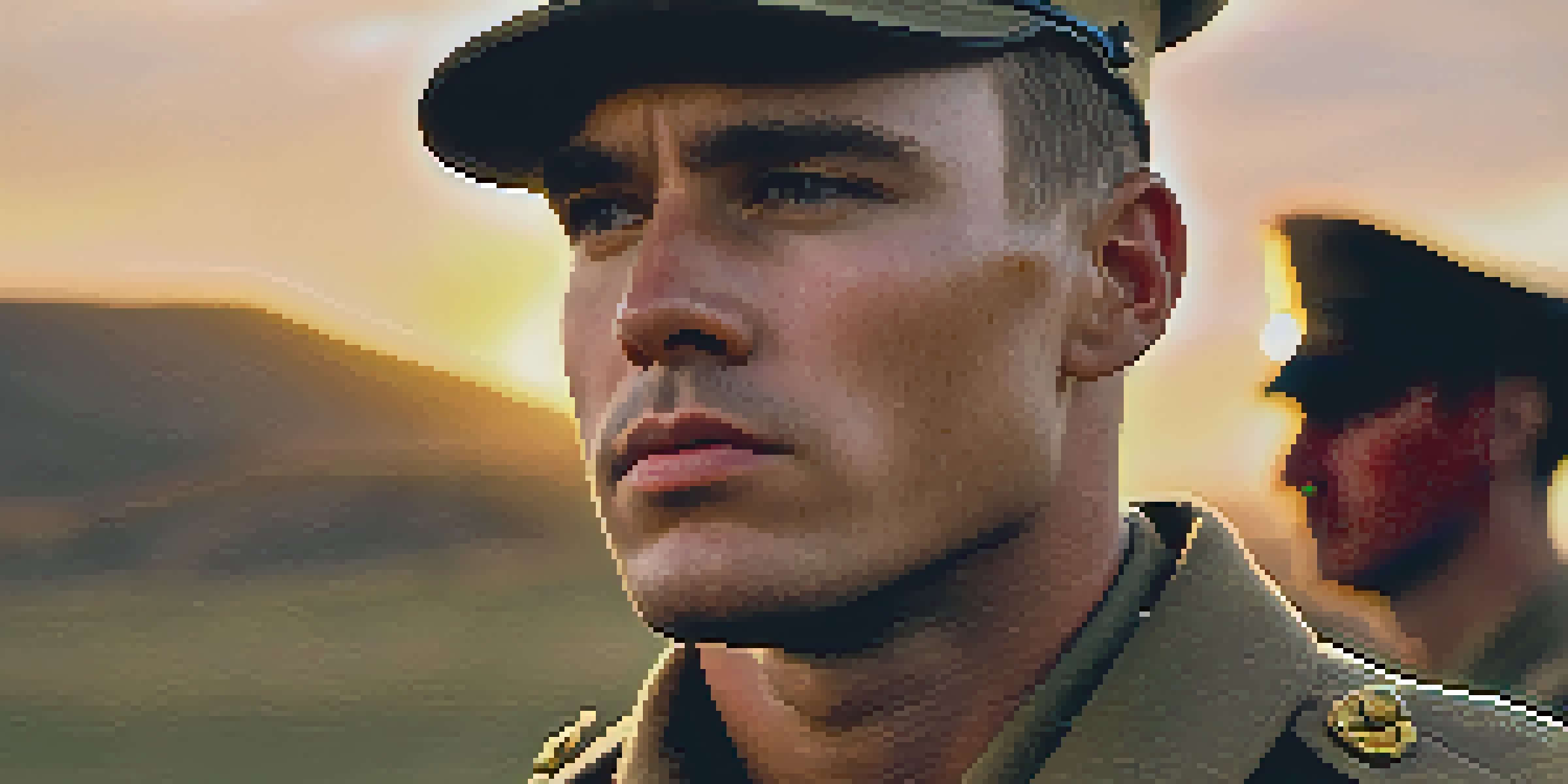 A soldier's close-up face, showing determination and vulnerability, illuminated by sunset light.