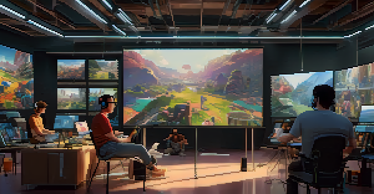 Filmmakers in a modern studio using advanced technology for animation, surrounded by screens and creative tools.