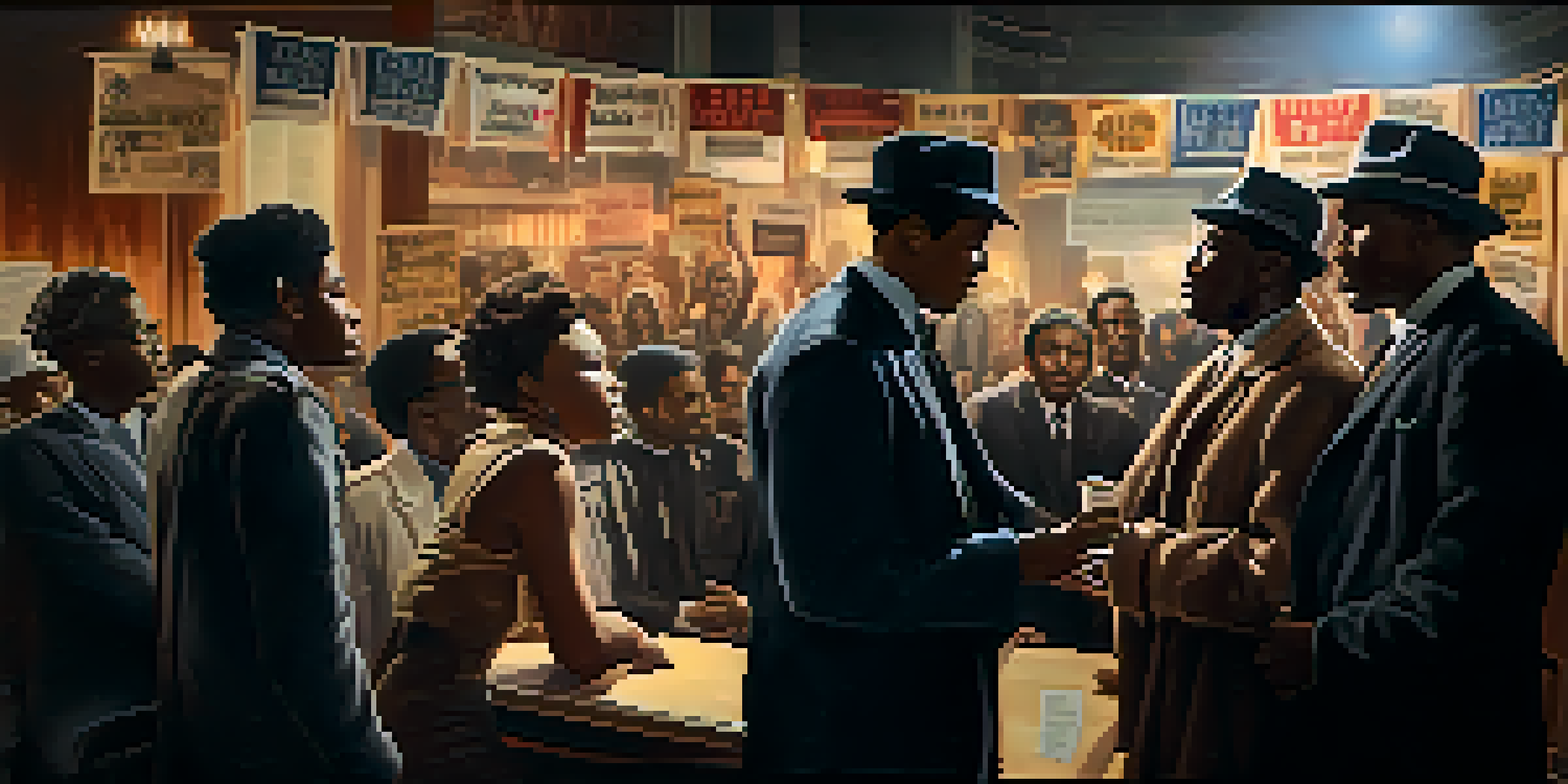 A historical film set showing actors discussing the Civil Rights Movement, with period clothing and banners in the background.