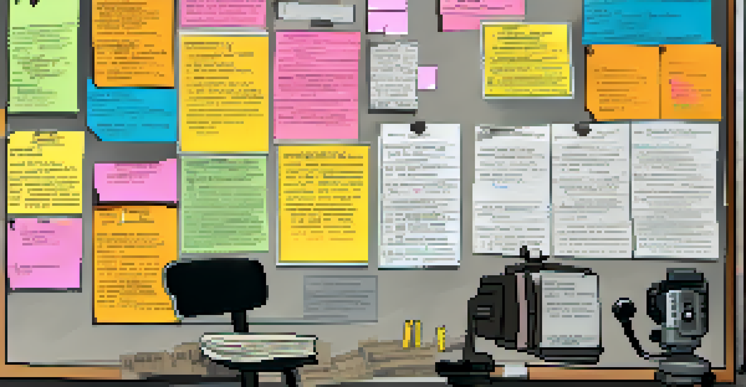 A corkboard filled with storyboards and notes, depicting the filmmaking process.
