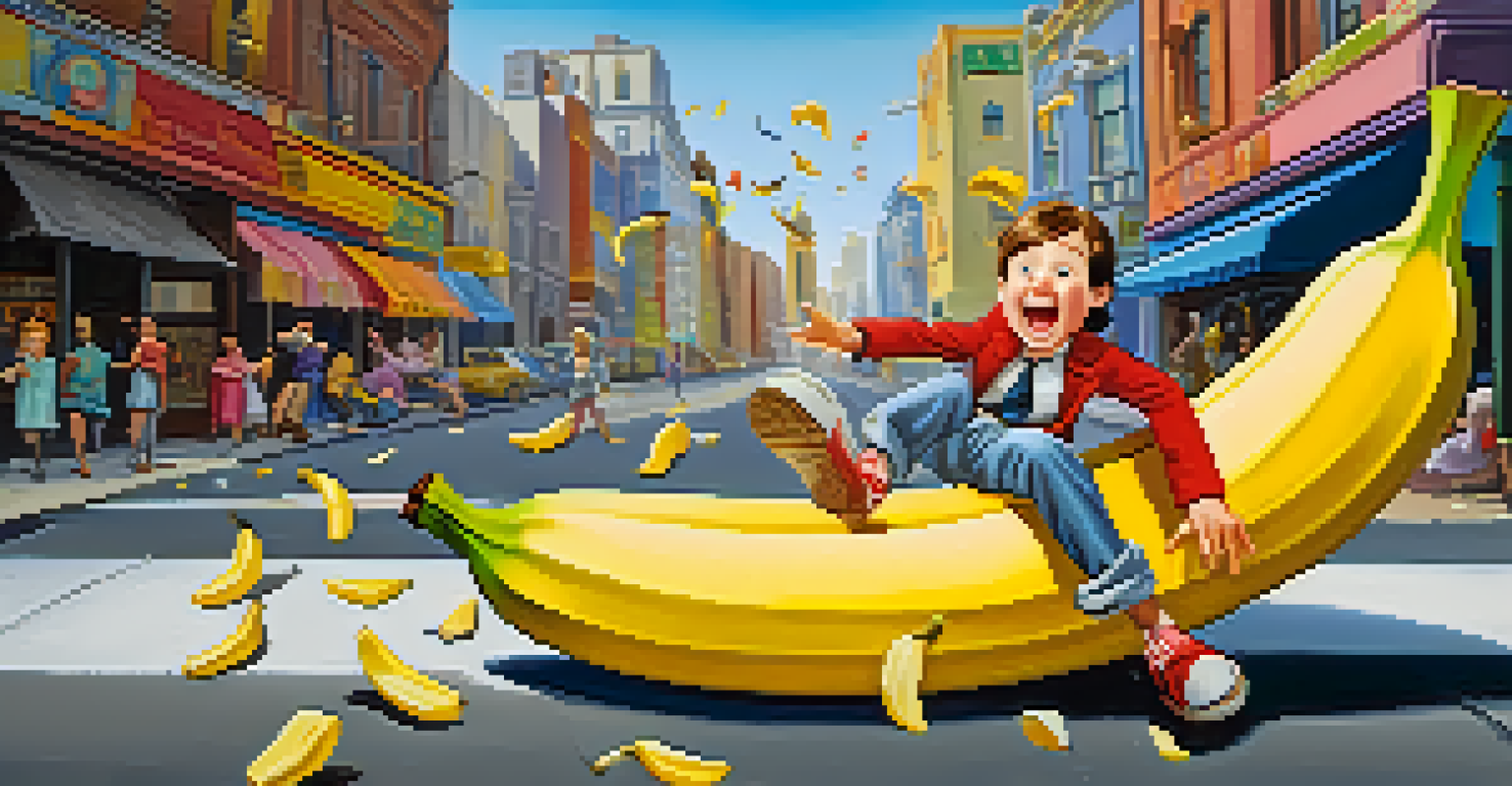 An animated scene of a character slipping on a banana peel in a colorful, whimsical cityscape, highlighting the humor of physical comedy.