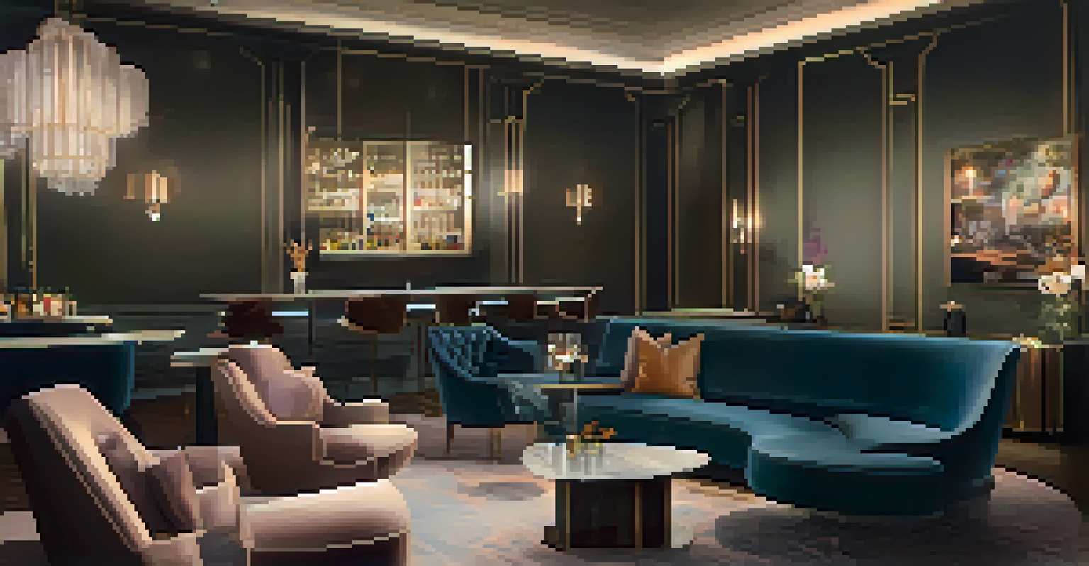 A lounge area in a luxury cinema with guests socializing, modern furnishings, and a stylish bar in the background.