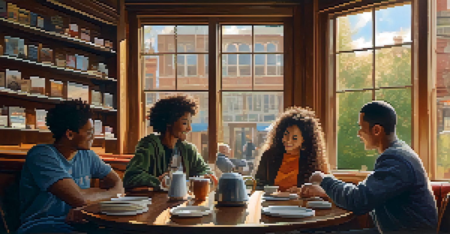 A warm coffee shop scene with a diverse group of friends chatting at a round table with coffee mugs.