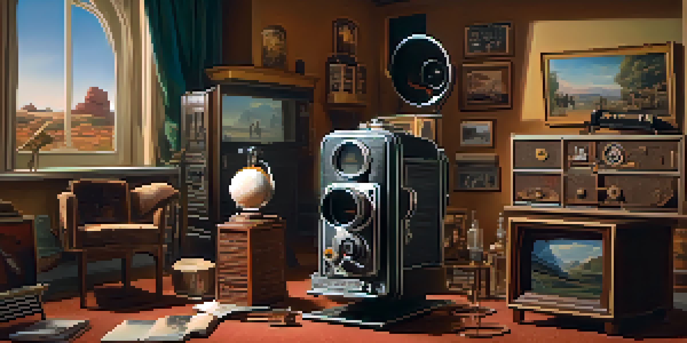 A vintage film set showcasing early special effects equipment and a classic film camera, with warm lighting and a painted backdrop.