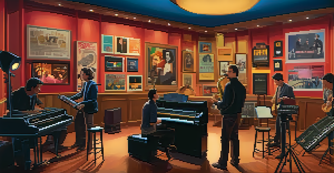 A film set with a director discussing with musicians, surrounded by instruments and film equipment, warm lighting, and colorful film posters.