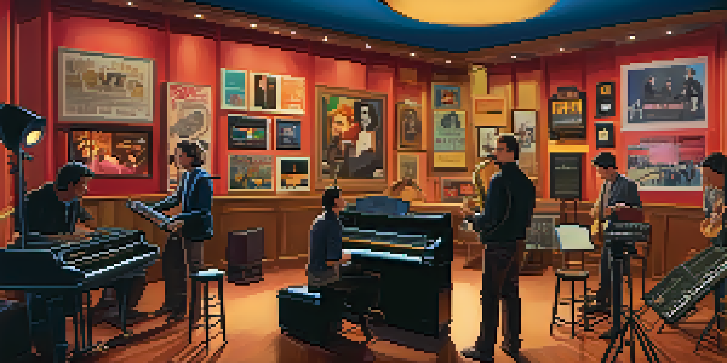 A film set with a director discussing with musicians, surrounded by instruments and film equipment, warm lighting, and colorful film posters.