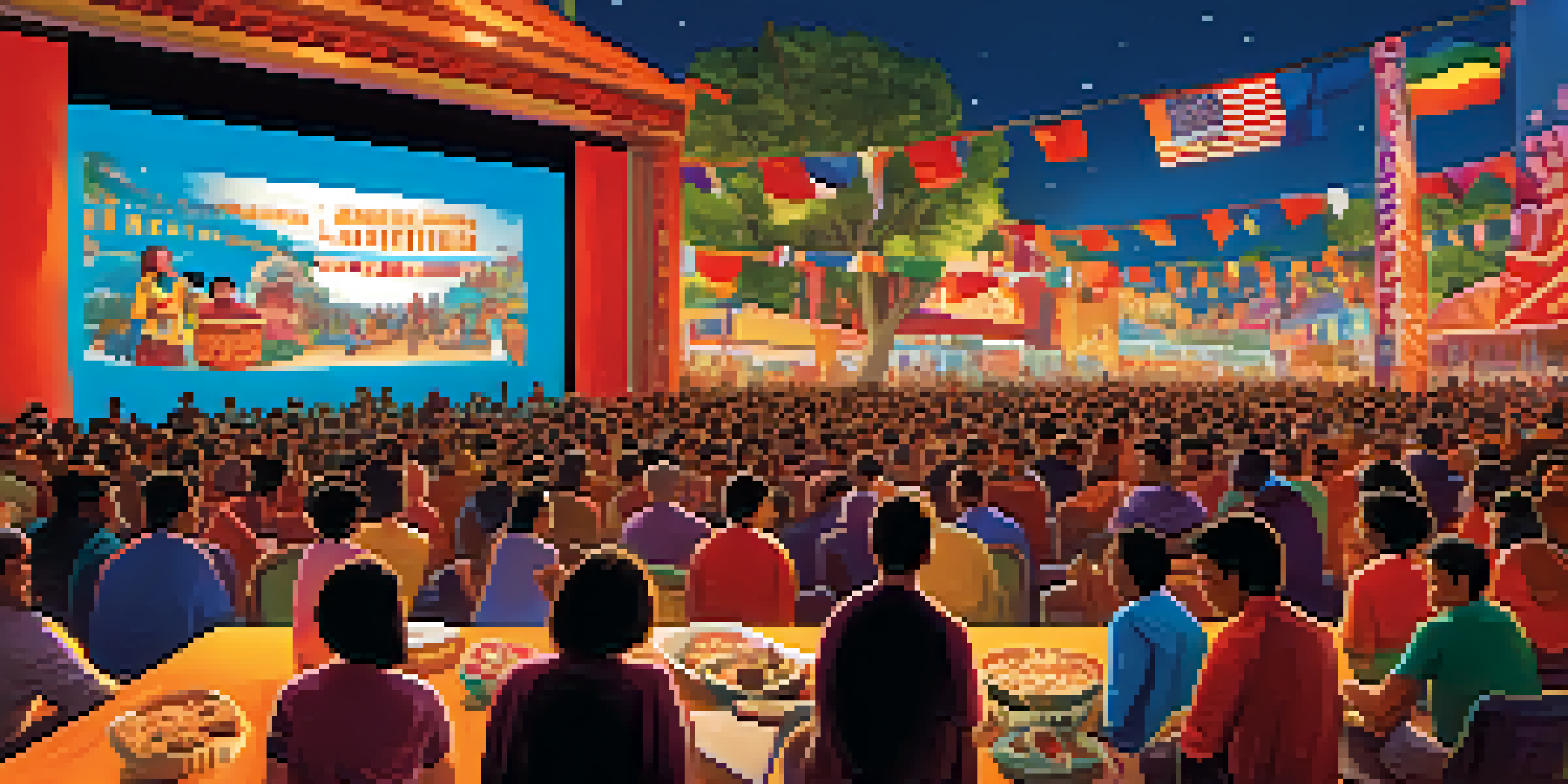 A lively film festival with a diverse crowd watching international films, colorful banners, and a large screen showing movie clips.