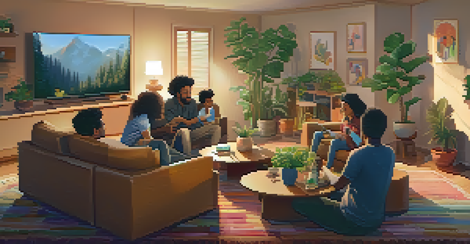 A family of different ethnic backgrounds gathered in a cozy living room to watch a diverse film on TV, with a warm ambiance.