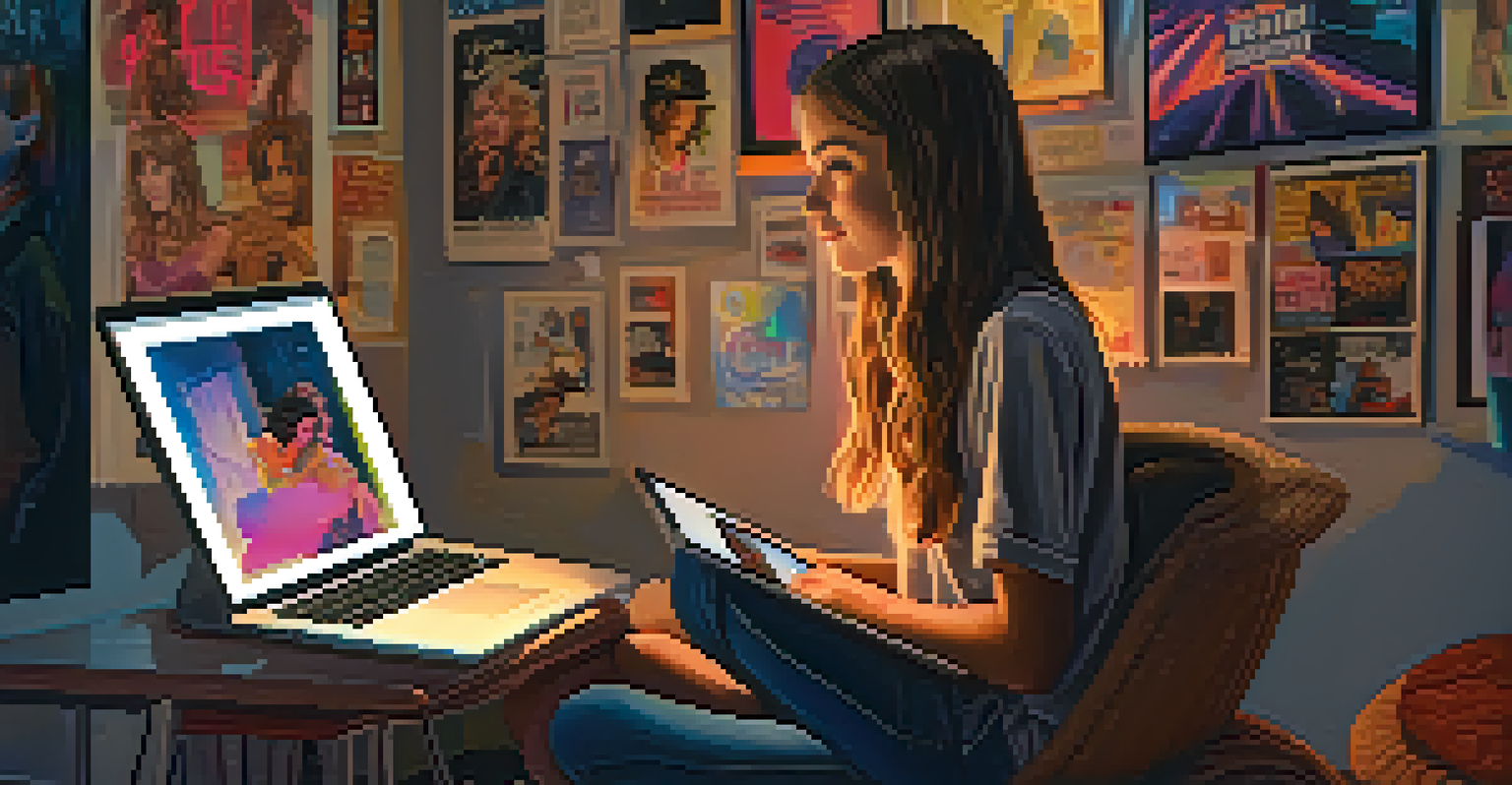 A teenage girl watching a romantic movie on her laptop, surrounded by film posters in a dimly lit room.