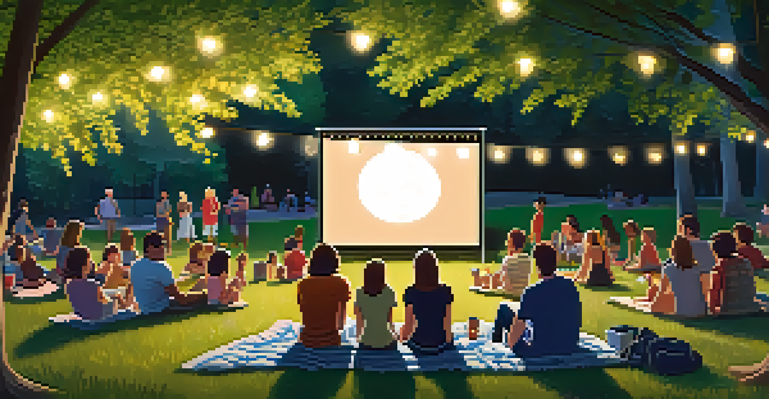 An outdoor film screening in a park with a large screen, families enjoying popcorn on blankets, and fairy lights in the trees.