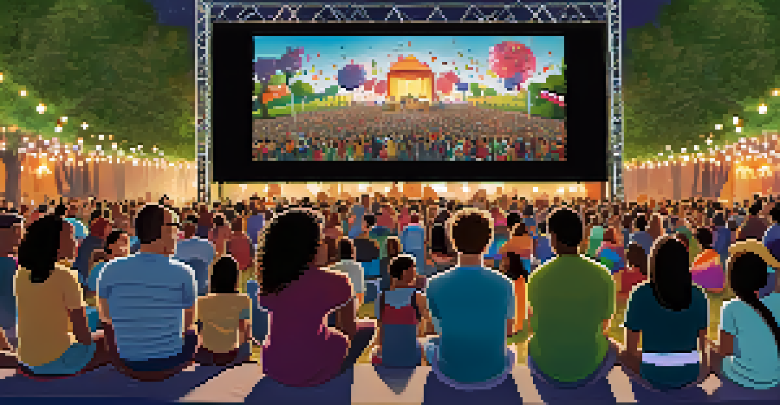 An outdoor film festival with a diverse audience enjoying a film on a large screen, surrounded by colorful lights and a festive atmosphere.