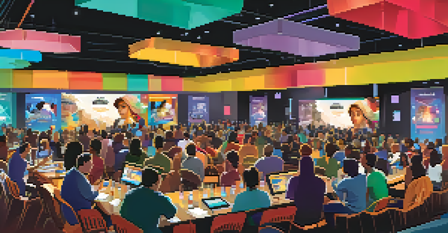 A vibrant and inclusive modern film festival scene featuring diverse filmmakers presenting their work, with attendees engaging in discussions and watching films.