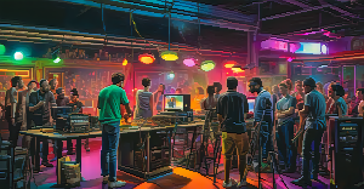 A diverse film crew working together on a vibrant set, with colorful lights and equipment, capturing the essence of collaboration in filmmaking.