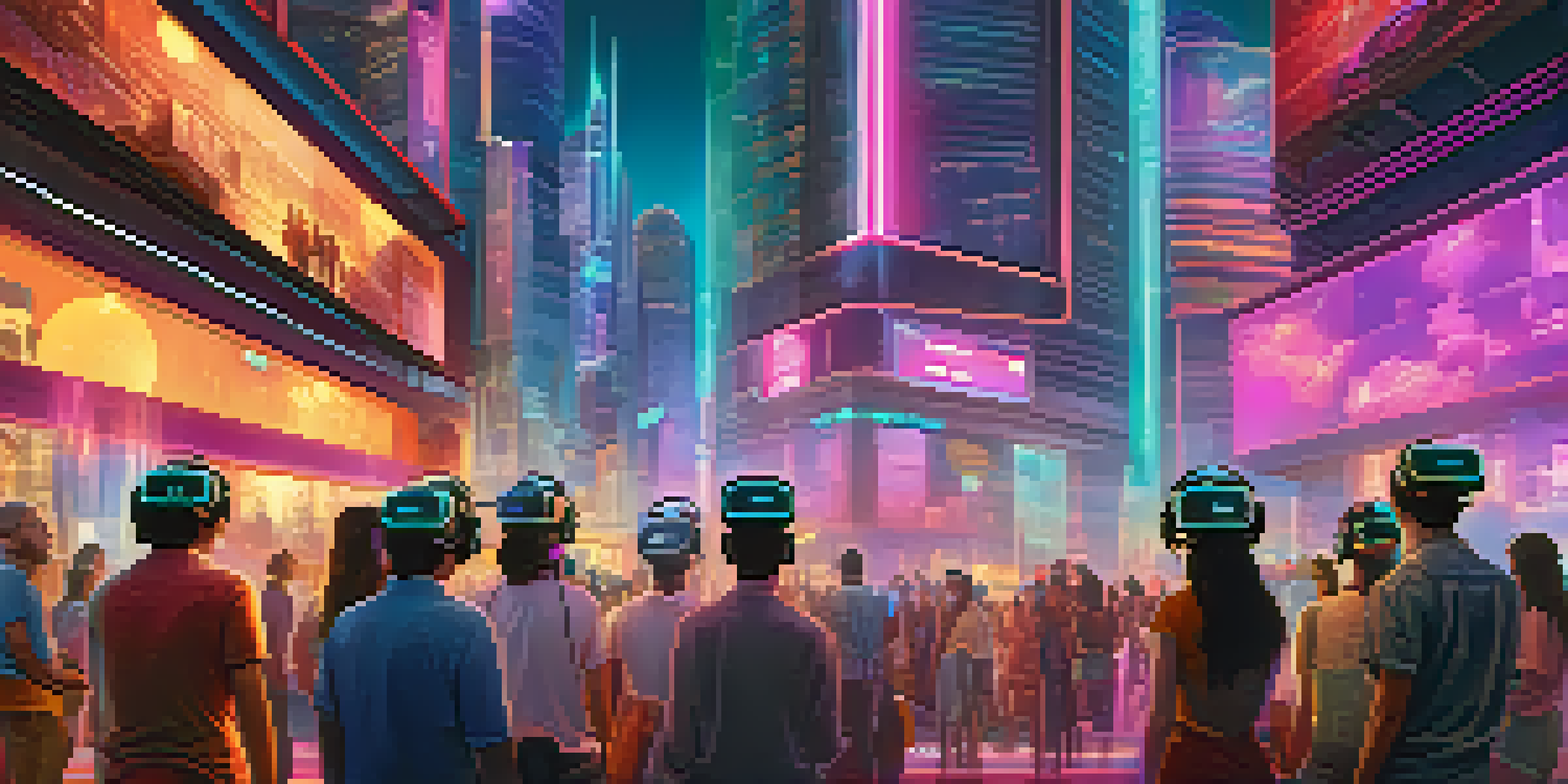 A group of people wearing virtual reality headsets in a colorful futuristic city filled with skyscrapers and neon lights.