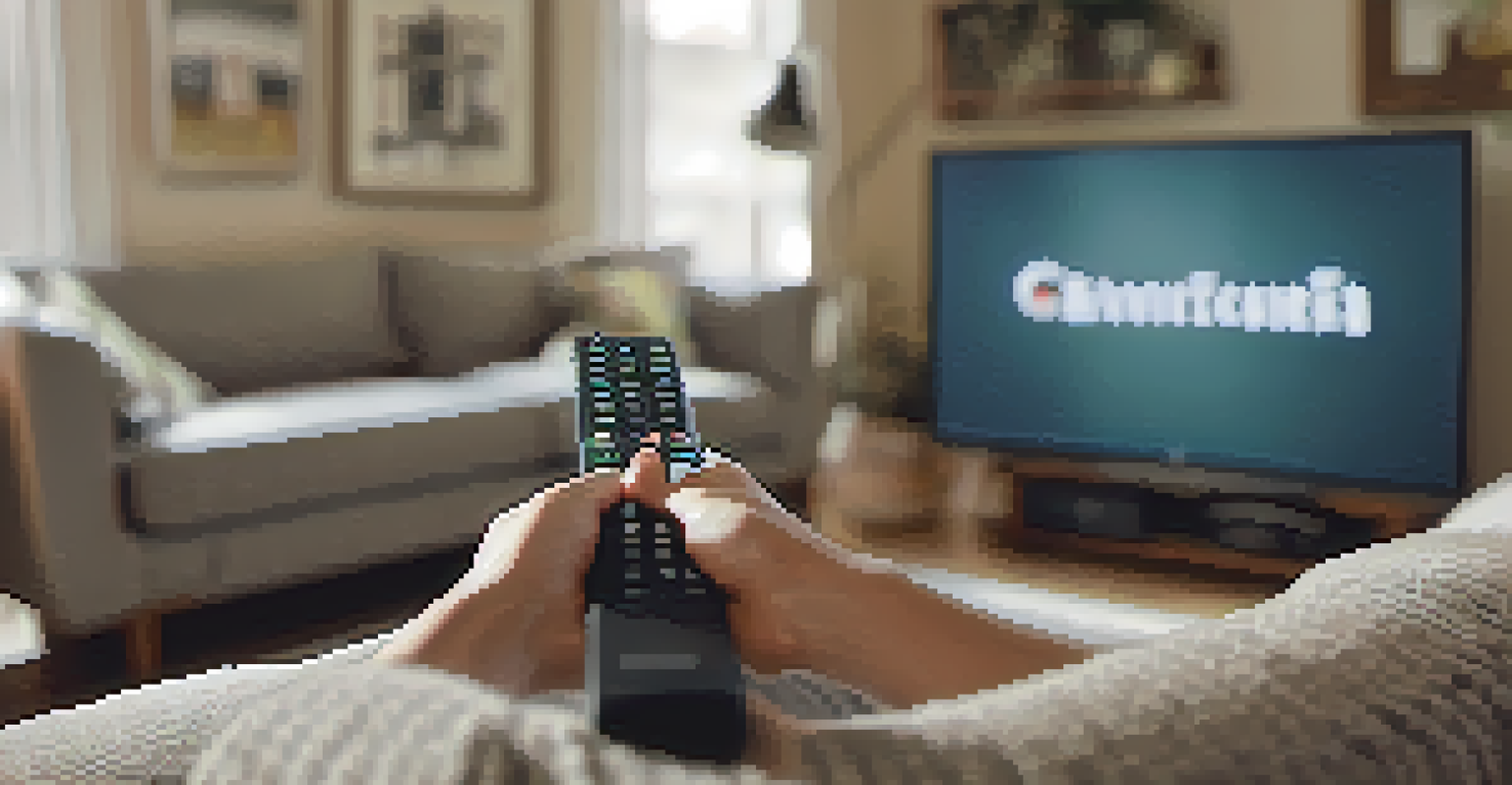 A person's hands holding a remote control, navigating a streaming service to select a documentary in a cozy living room.