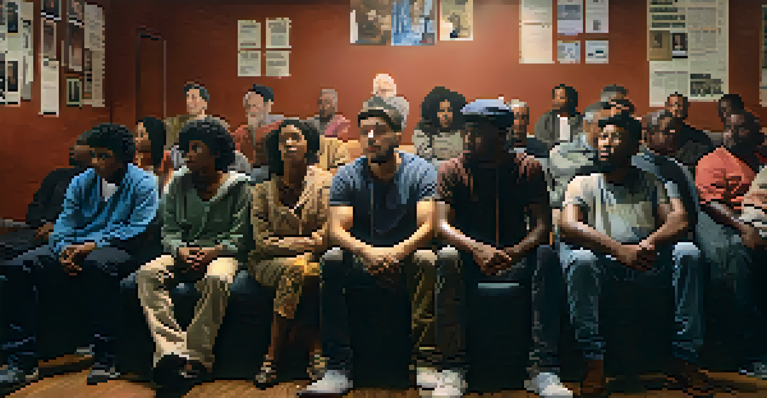A diverse audience watching a documentary about social justice, illuminated by the glow of the screen.
