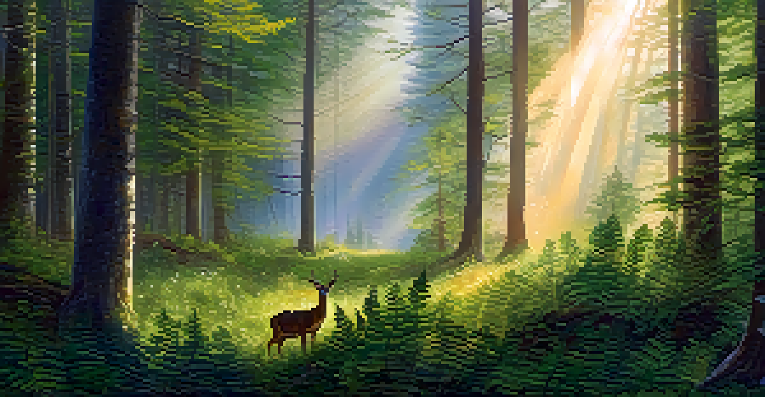 A peaceful forest at sunrise with tall trees, green ferns, and a deer in the foreground.