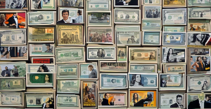A collage of iconic blockbuster film scenes surrounded by currency notes and coins, representing the financial side of film production.