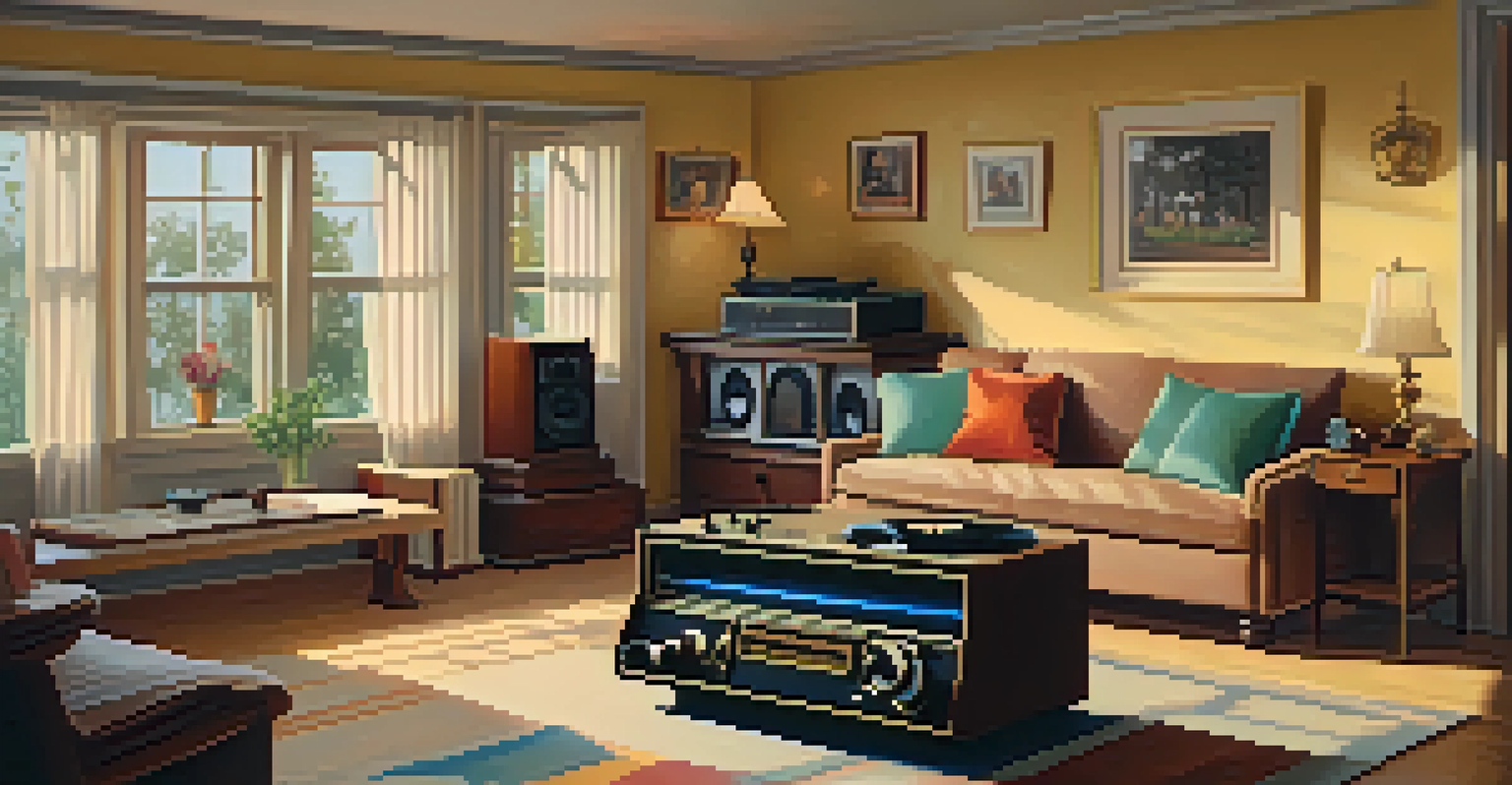 A cozy 1980s living room with vintage furniture, soft lighting, and a record player.