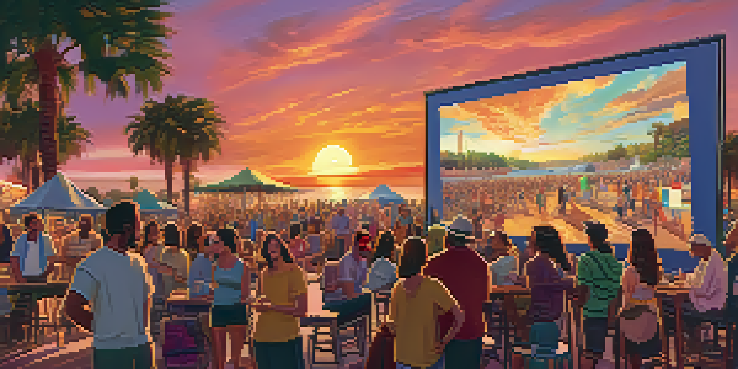 A diverse group of people at a film festival discussing films in front of large outdoor screens during sunset.