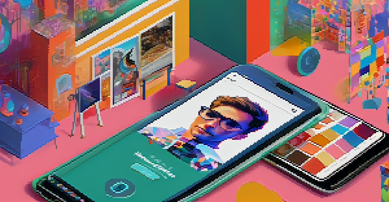 A smartphone displaying an artist's social media profile, surrounded by a colorful collage of their artwork and energetic patterns.