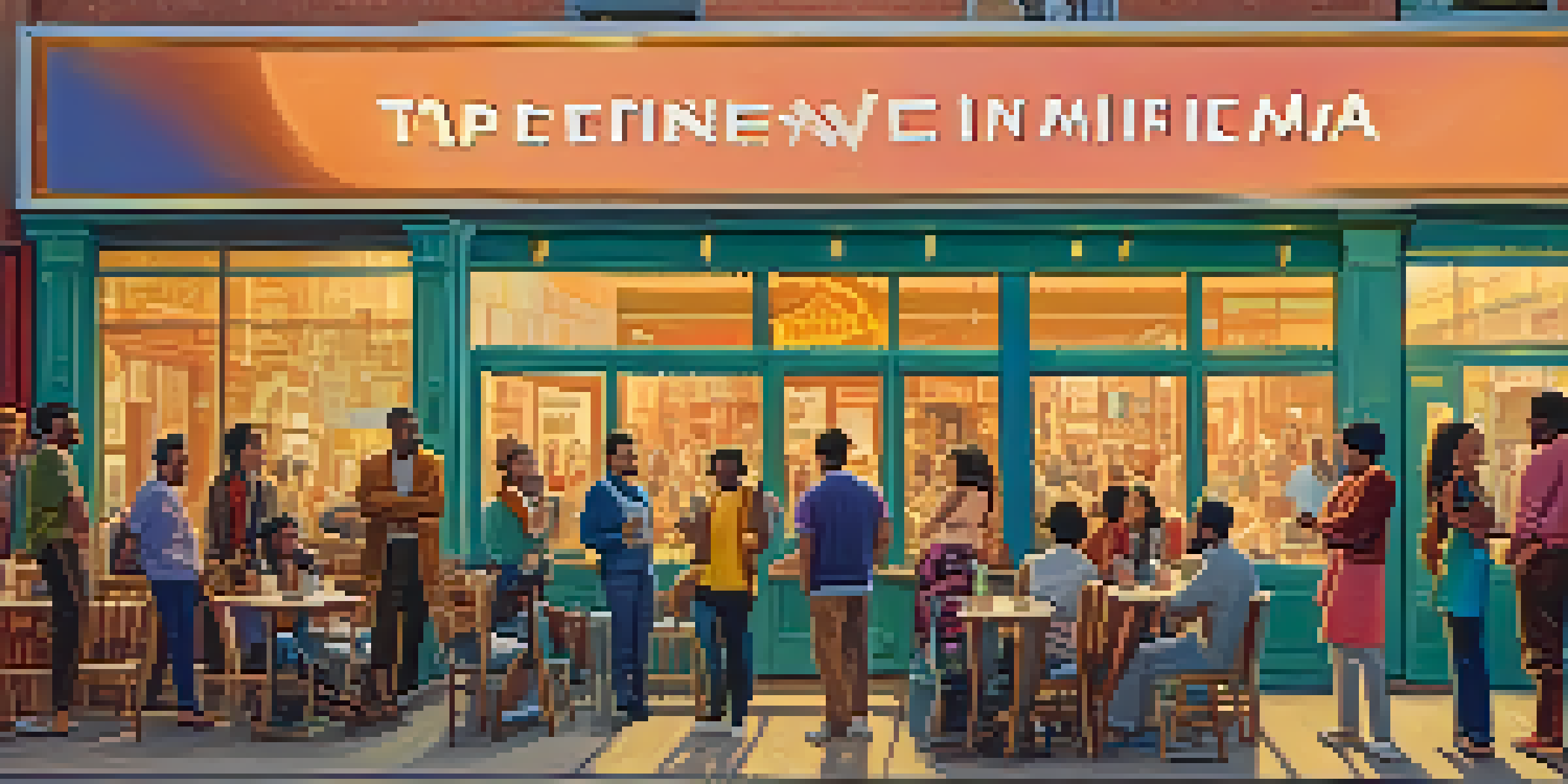 A lively street scene with diverse film enthusiasts gathered outside an independent cinema, discussing films with colorful posters in the background.