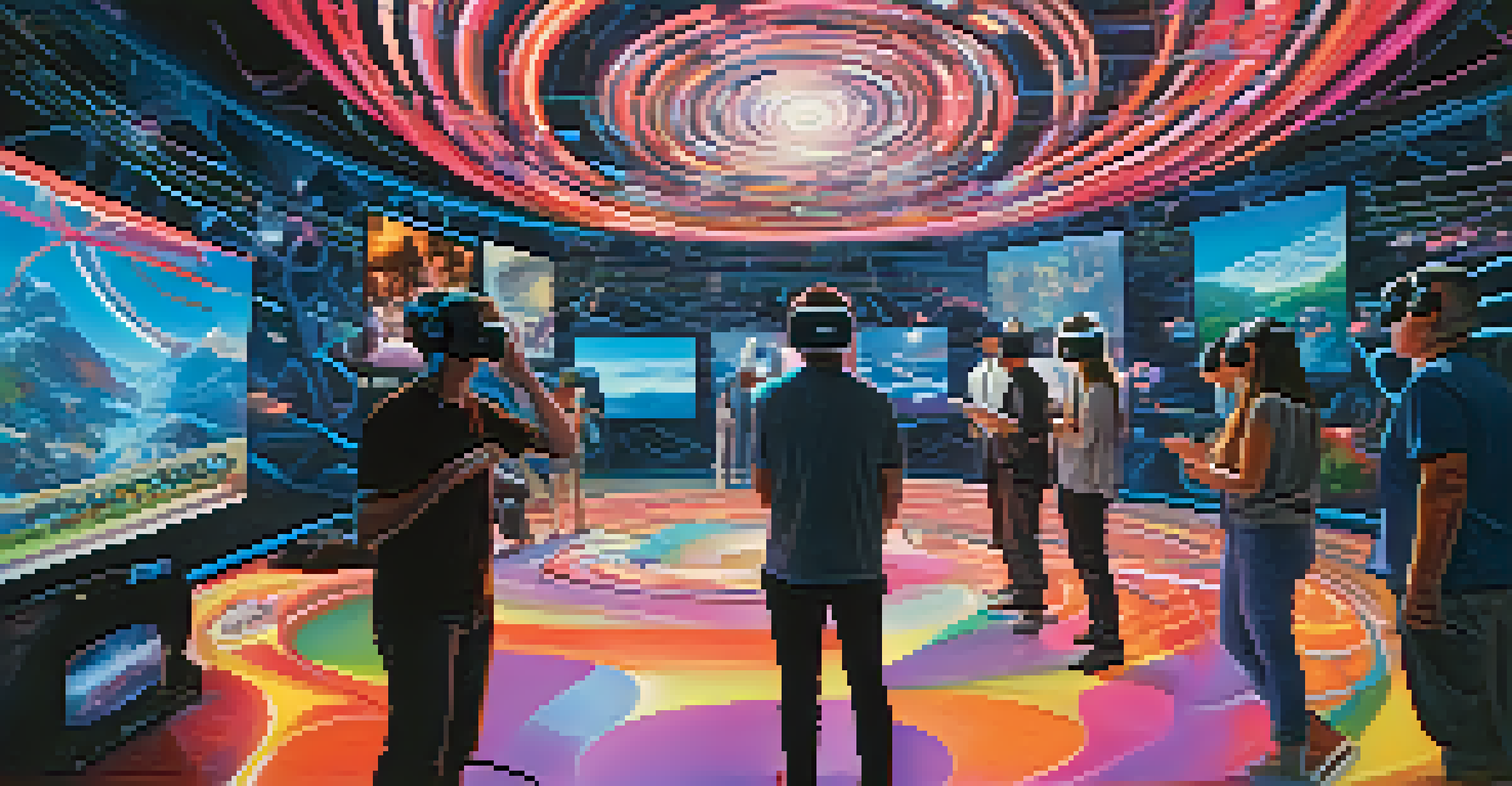 Participants in a virtual reality setting interacting with a colorful and dynamic film soundtrack experience.
