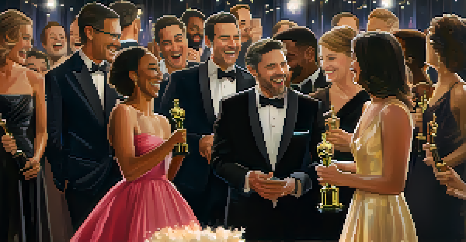 A heartfelt backstage celebration with filmmakers expressing joy after receiving nominations, surrounded by awards.