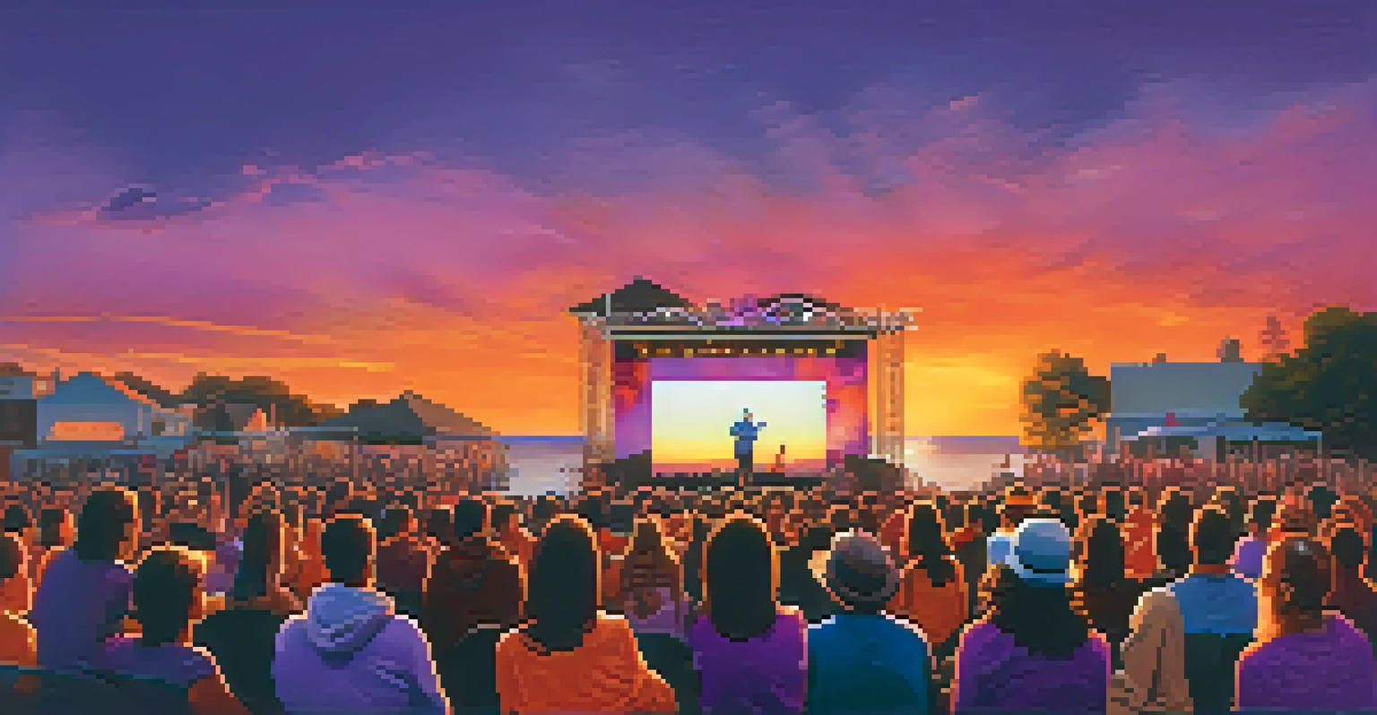 A comedian performing at an outdoor show during sunset, with an audience laughing and enjoying the atmosphere.