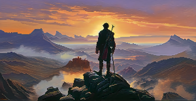 A silhouette of a weary hero on a mountain peak at sunset, looking out over a vast landscape, symbolizing resilience and hope.