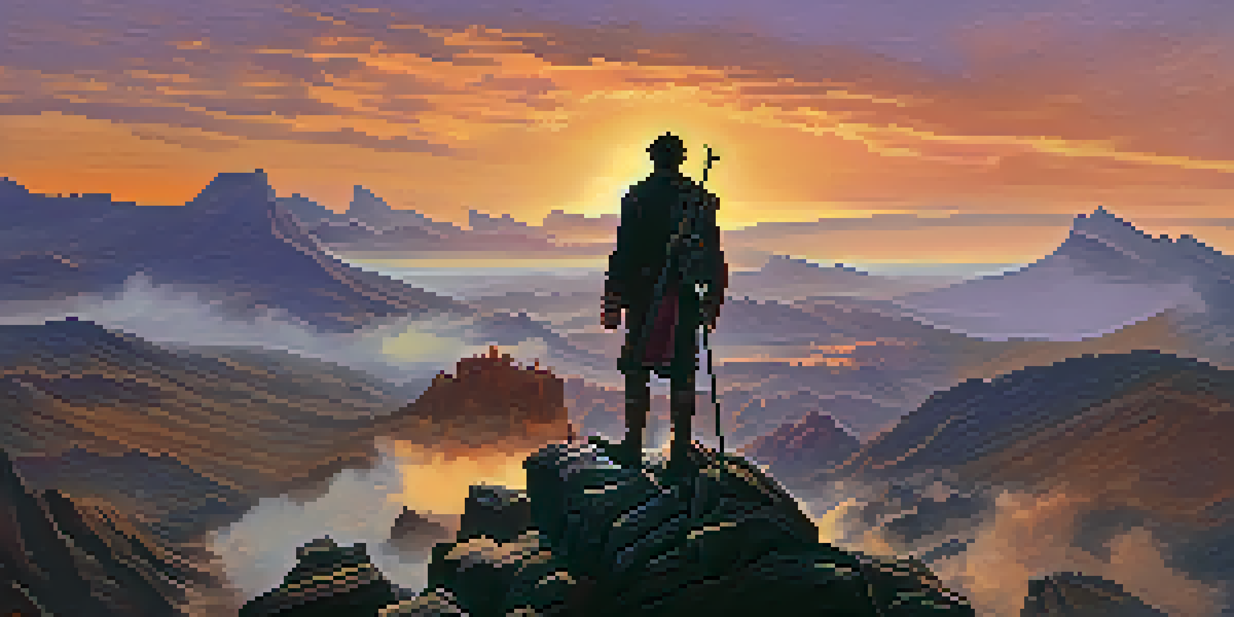 A silhouette of a weary hero on a mountain peak at sunset, looking out over a vast landscape, symbolizing resilience and hope.