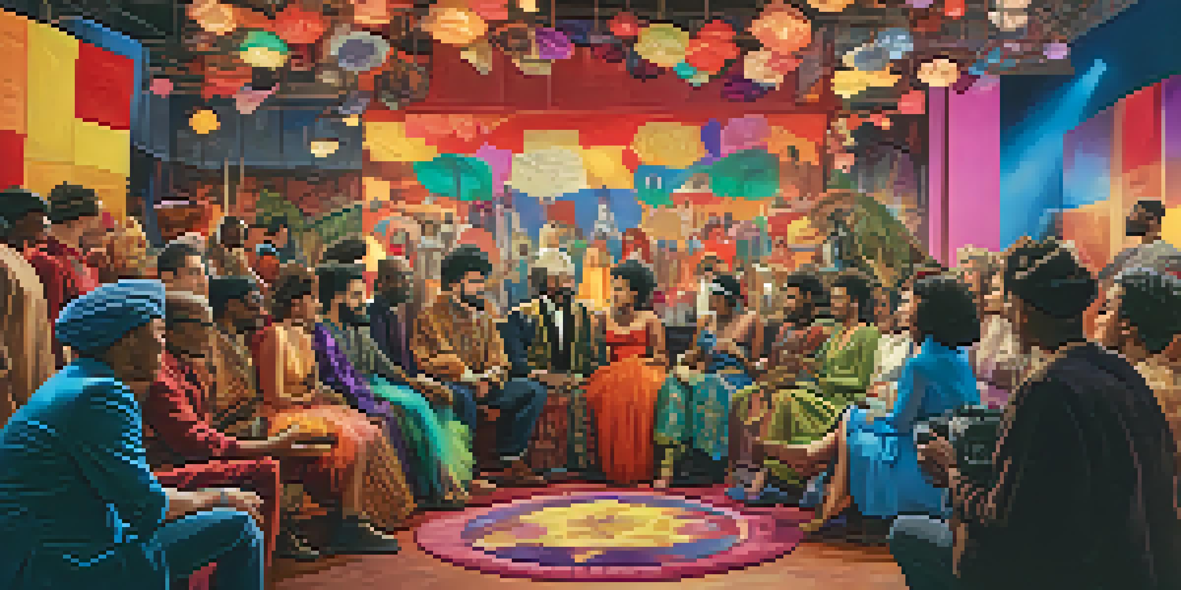 A diverse group of actors in colorful costumes discussing on a film set, with equipment and a large screen showing diverse film scenes in the background.