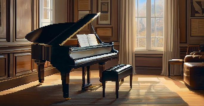 A grand piano in a softly lit room with vintage music sheets scattered around, creating a warm and nostalgic atmosphere.