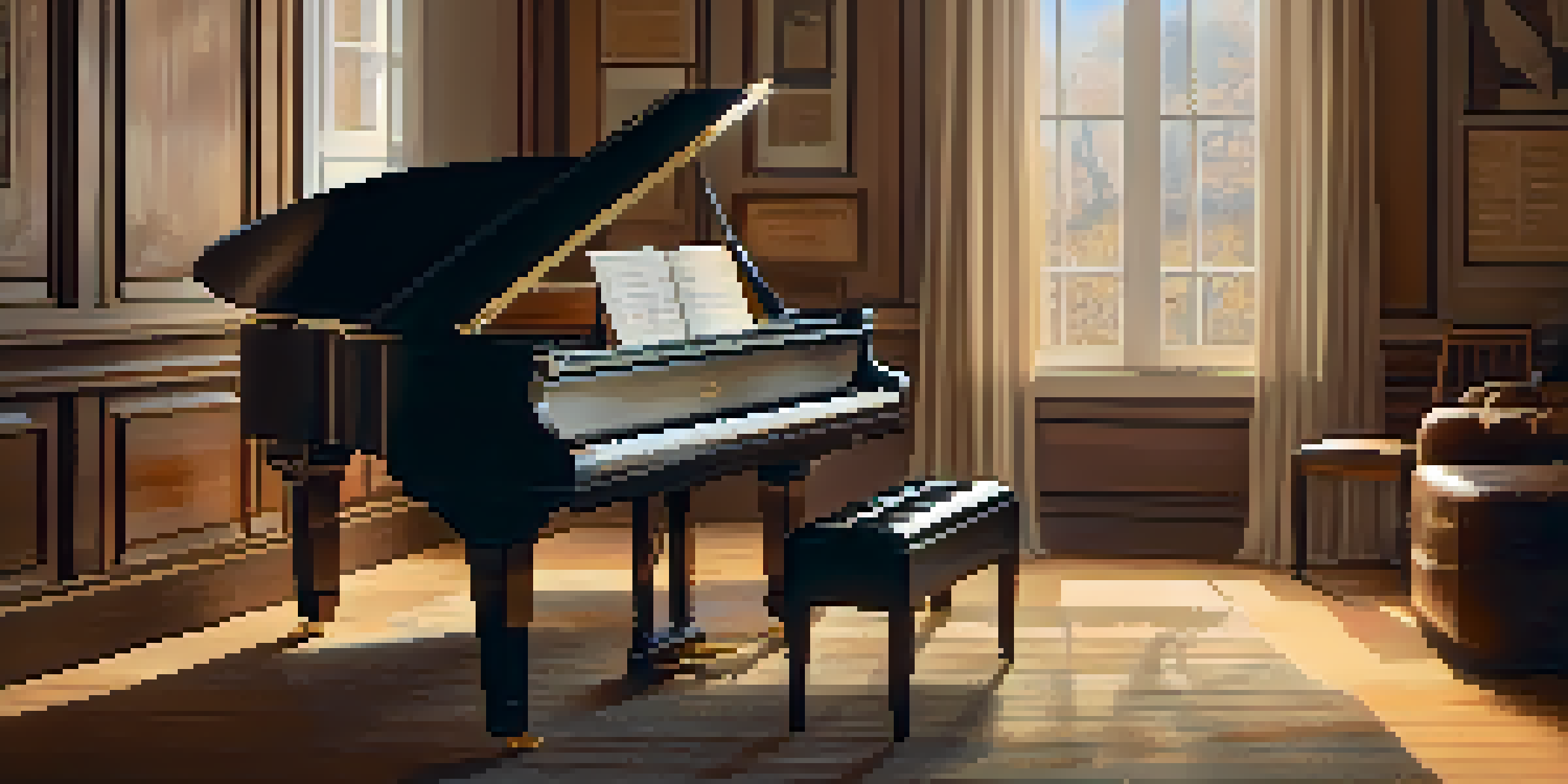 A grand piano in a softly lit room with vintage music sheets scattered around, creating a warm and nostalgic atmosphere.