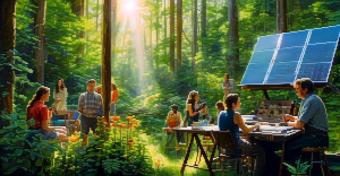 A film set in a forest with solar panels, showcasing eco-friendly practices among the crew.