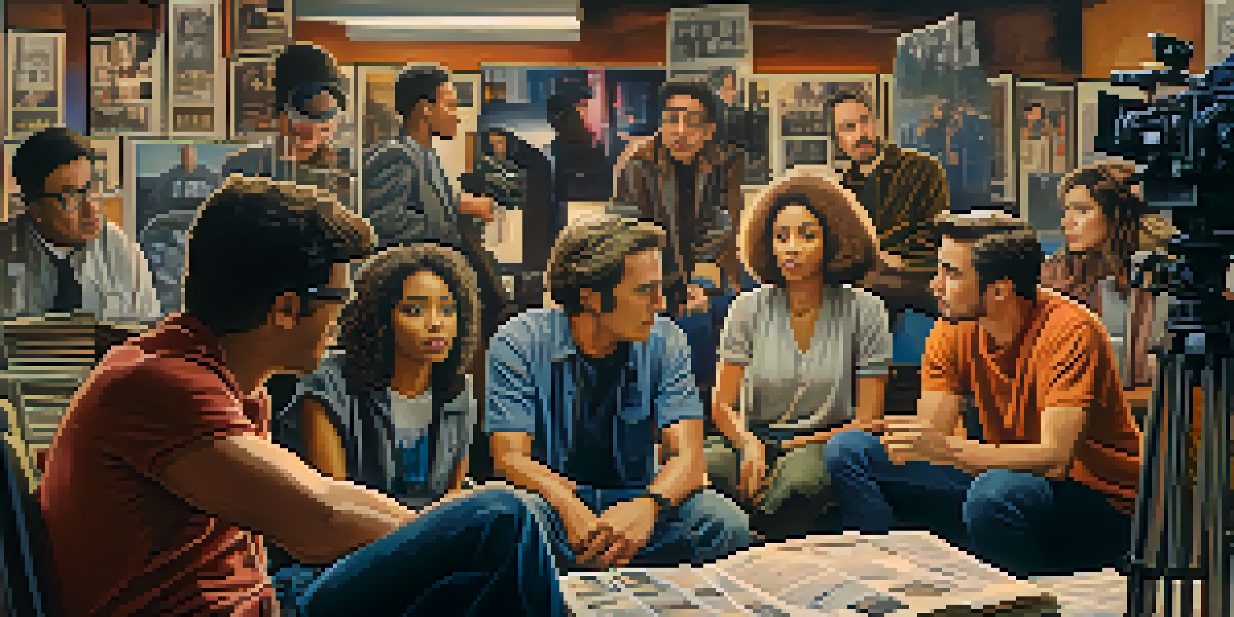 A diverse group of filmmakers discussing on a film set, surrounded by equipment and film posters, with warm lighting illuminating their expressions.