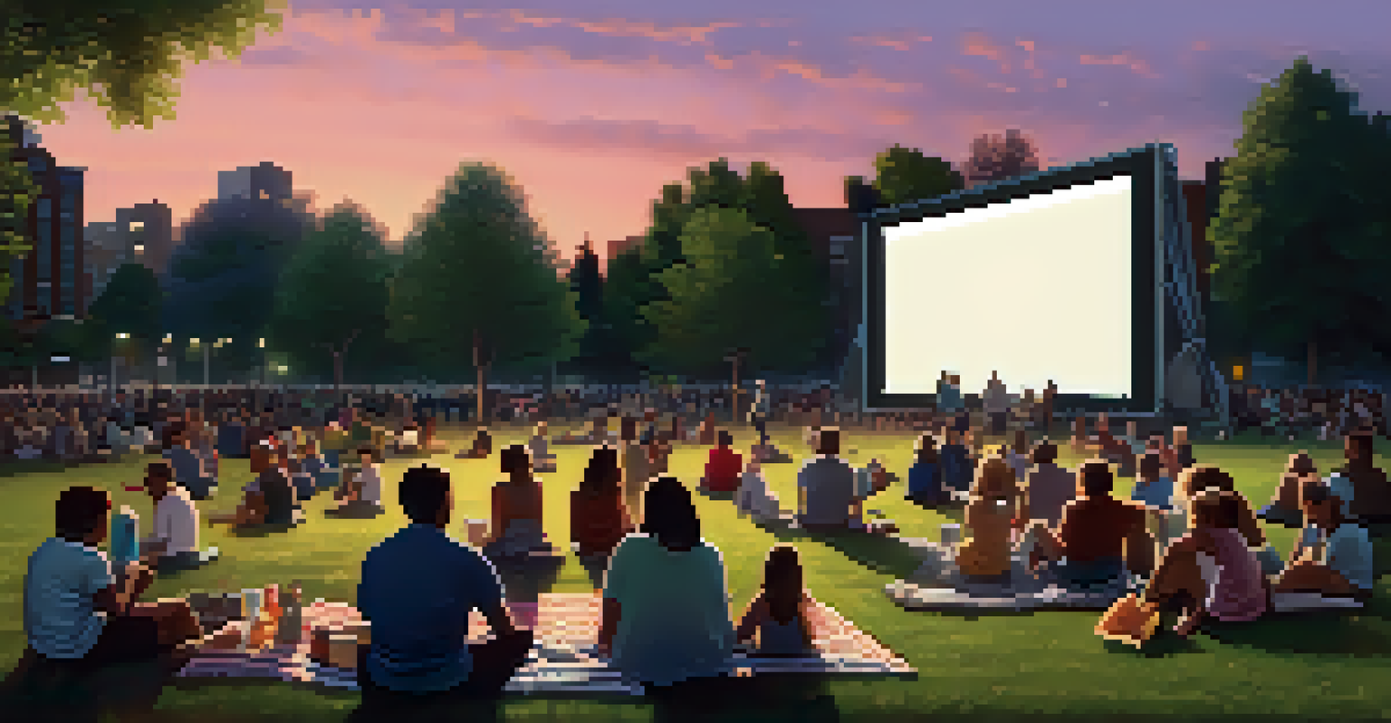 A community outdoor film screening in a park, with a diverse crowd watching a documentary on a big screen during twilight.