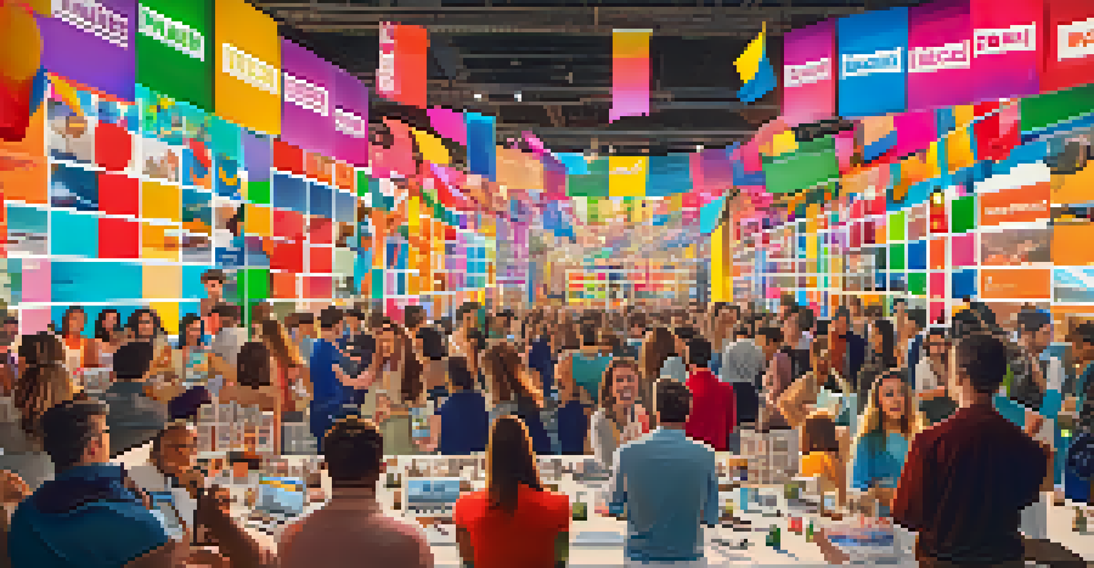A vibrant social media event with influencers engaging with followers, colorful banners, and brand displays, representing modern advertising.