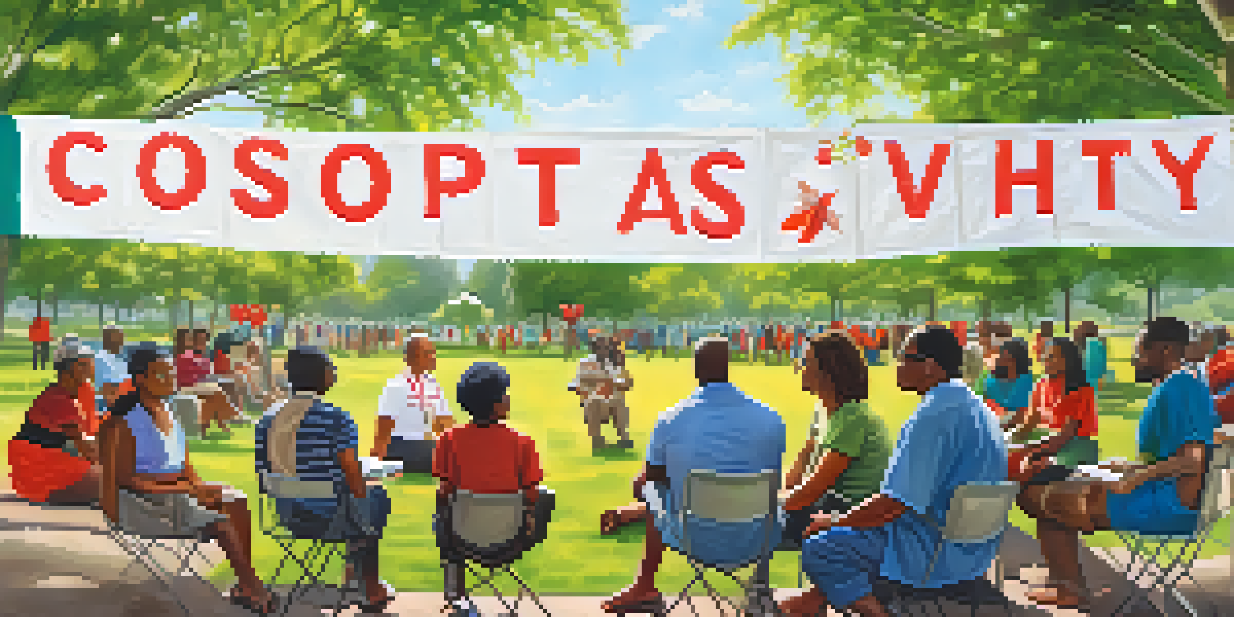 A diverse group of people in a park discussing health awareness, with banners about HIV/AIDS education and a sunny, peaceful atmosphere.