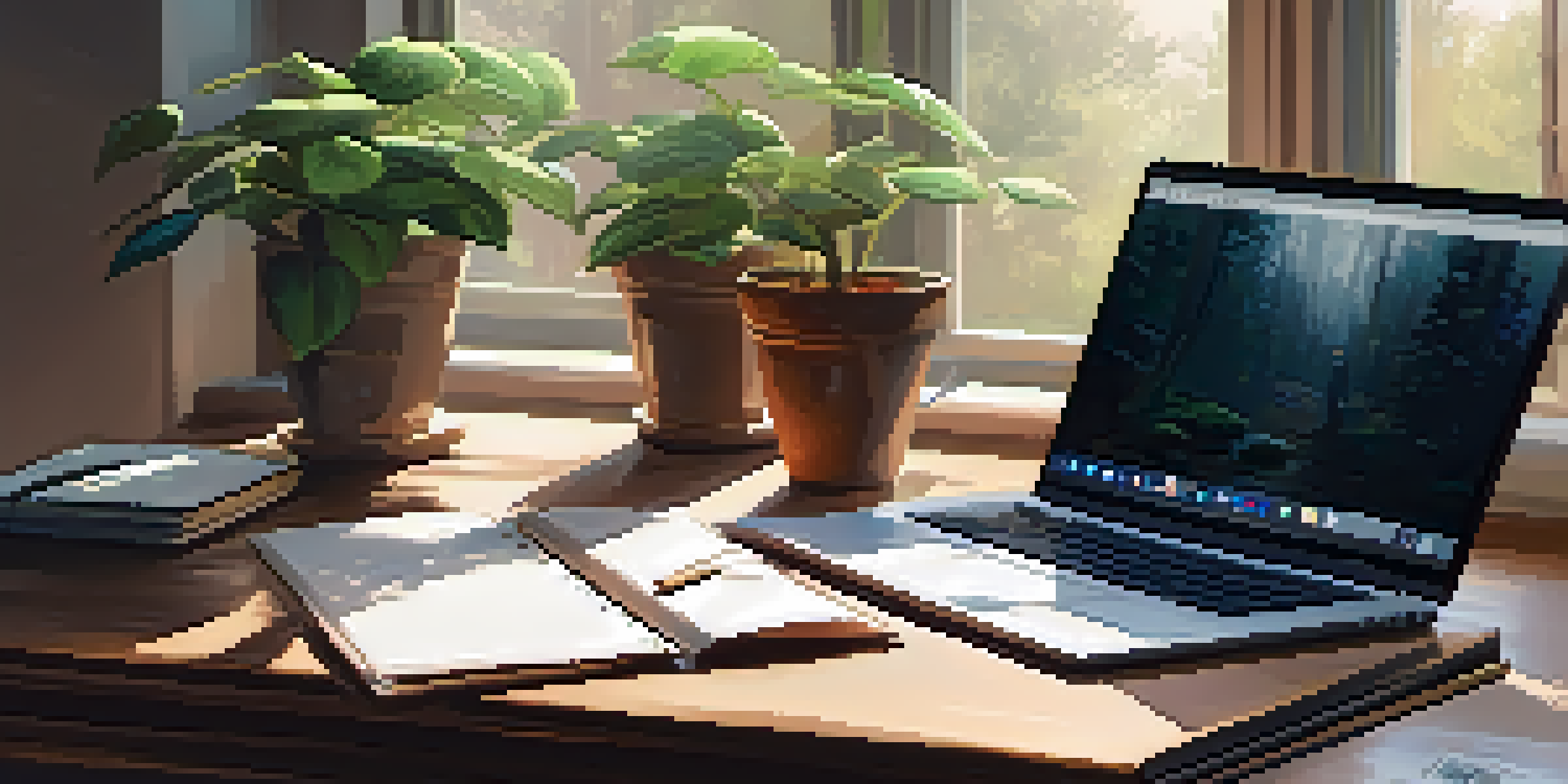 A cozy writing space featuring a laptop, a coffee cup, and a potted plant, with natural light pouring in through a window.