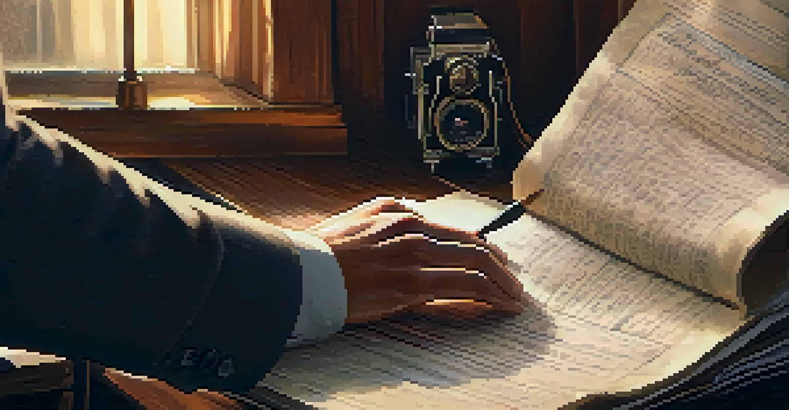 A close-up of a director's hands flipping through a highlighted script in a cozy office filled with film memorabilia.