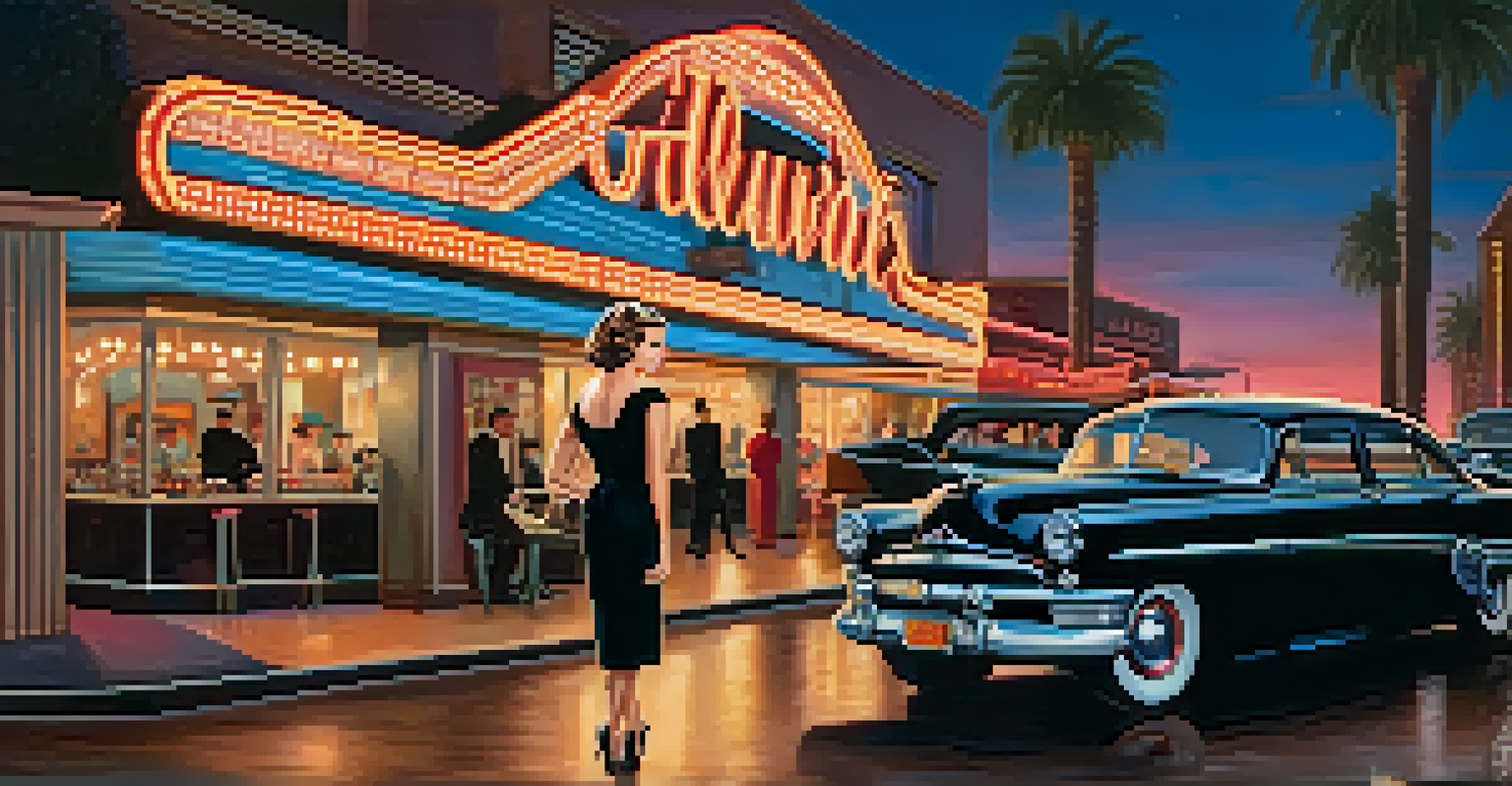 An elegant actress in a vintage 1950s little black dress outside a glamorous cinema with retro neon lights.