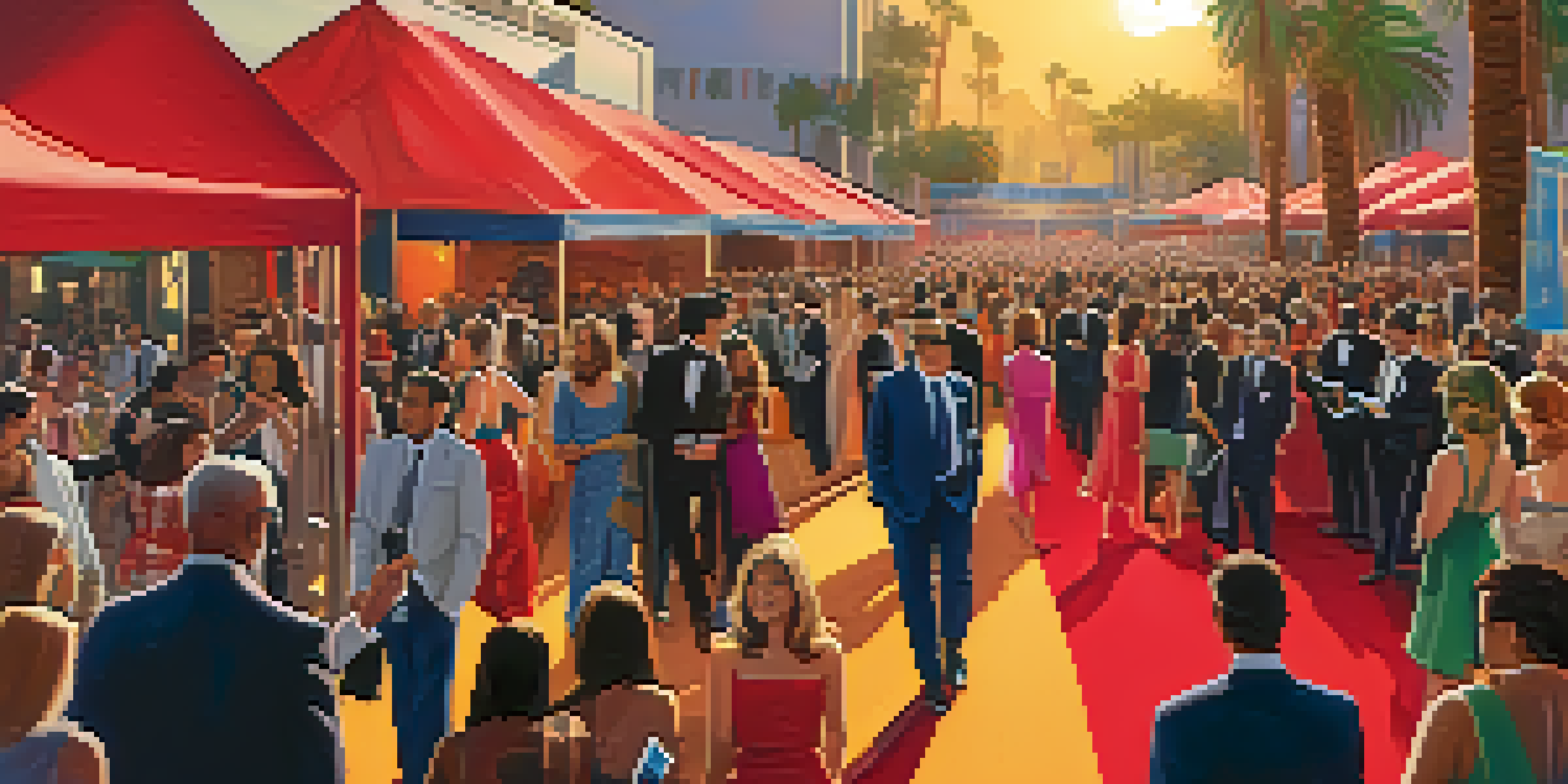 A lively film festival scene with a red carpet, photographers, and attendees in formal attire, set against a colorful sunset.
