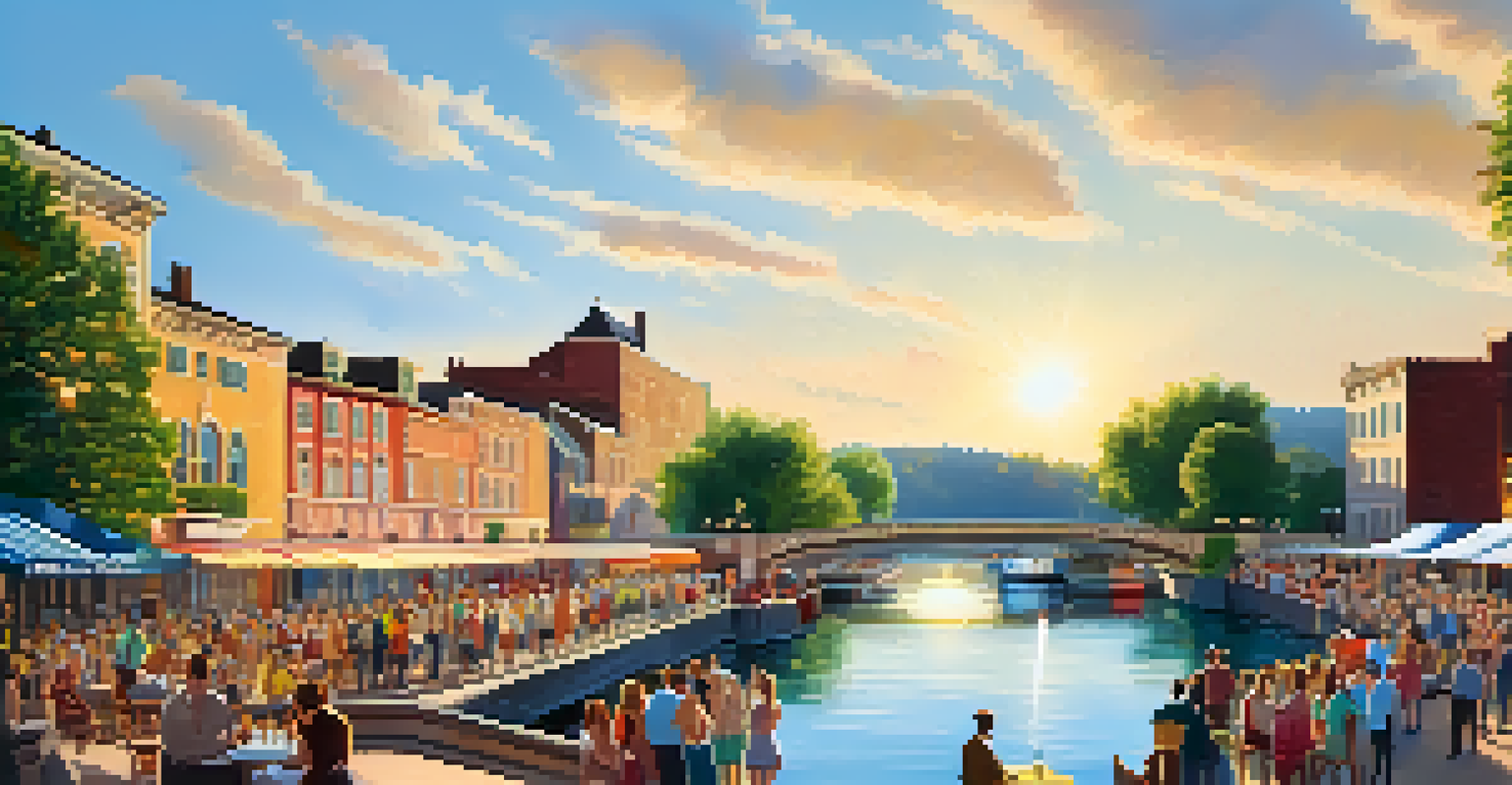 A scenic outdoor film festival by a historic canal, featuring colorful decorations, people enjoying food and drinks, with sunlight reflecting on the water.